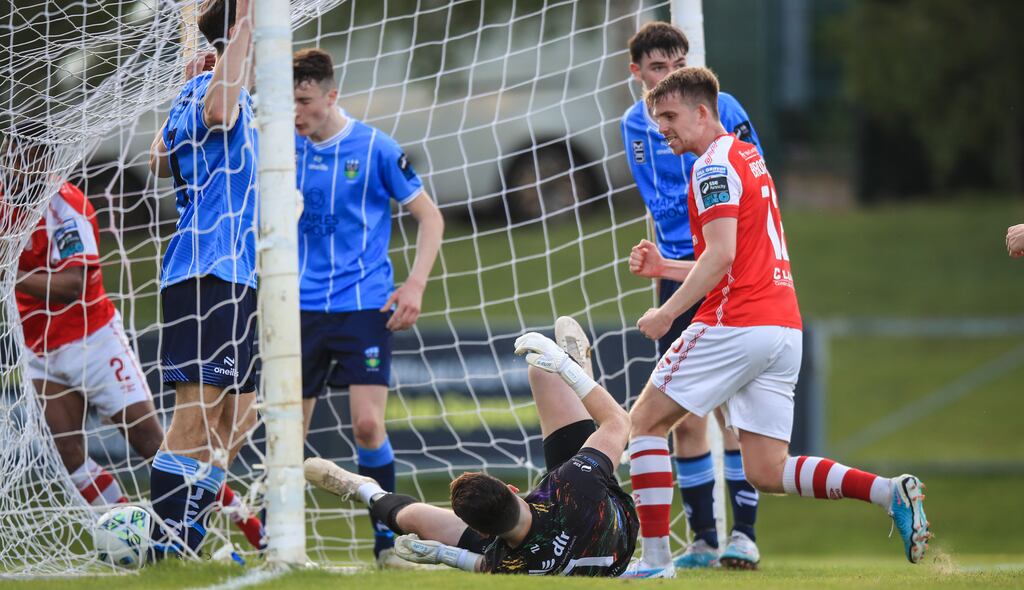 St Pats’ Noah Lewis scores a goal. Photograph: Evan Treacy/Inpho