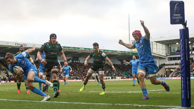Leinster’s Ross Byrne crosses the line to score his side’s fifth try against Northampton Saints at Franklin’s Gardens. Photograph: James Crombie/Inpho