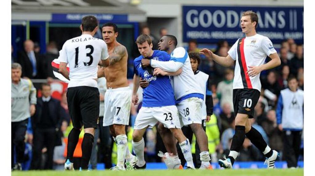 Tempers flare at the final whistle after Everton inflicted yet another defeat on Manchester City. Photograph: Martin Rickett/PA Wire
