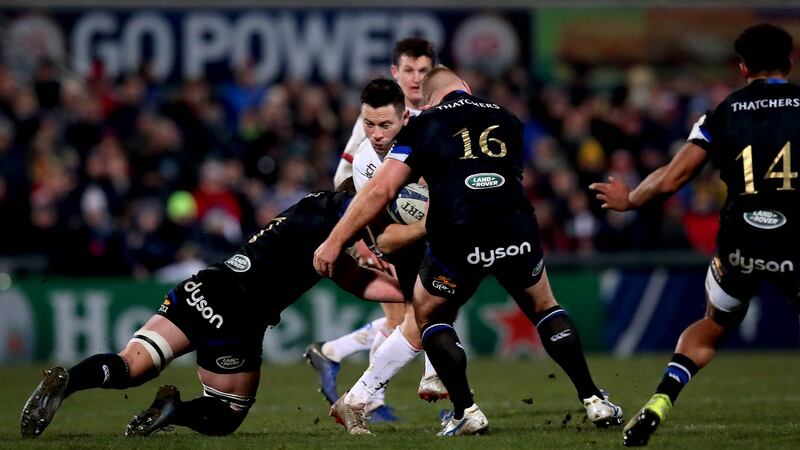 Ross Batty hits John Cooney high during Bath’s defeat to Ulster. The replacement hooker was subsequently shown a red card. Photograph: Ryan Byrne/Inpho