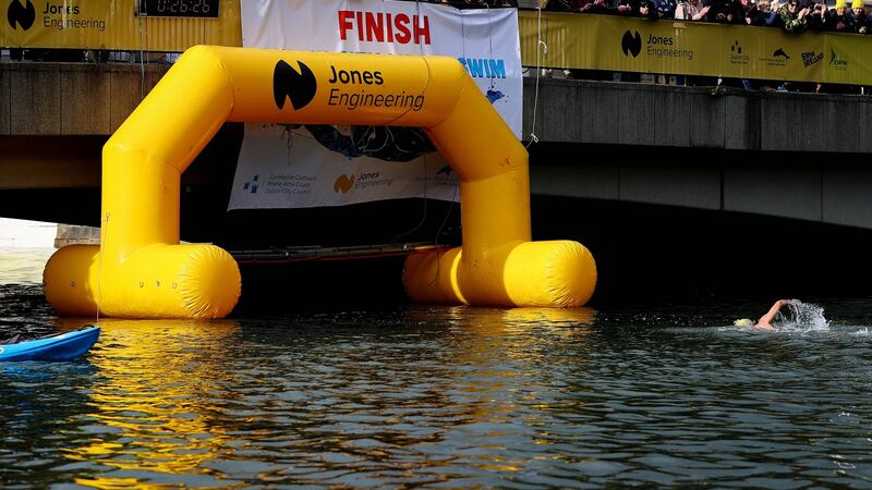 David Wheelahan of Sandycove wins the skins race at the Liffey Swim. Photograph: Ryan Byrne/Inpho