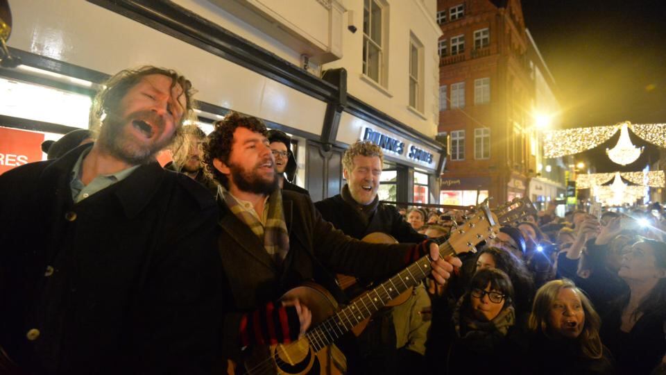 Liam O’Maonlai and Glen Hansard busk on Grafton Street, Dublin. Photograph: Alan Betson / The Irish Times