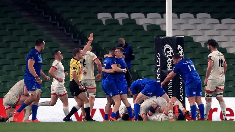 Caelan Doris scores a late try to seal Leinster’s victory over Ulster. Photograph: Donall Farmer/PA