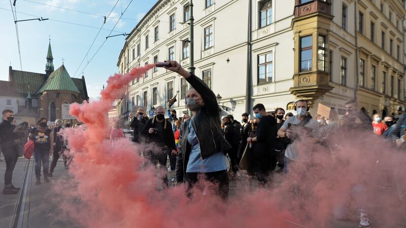 People take part in a protest against the tightening of the abortion law in Krakow, southern Poland on Wednesday. Photograph: Art Service 2 Poland out/EPA