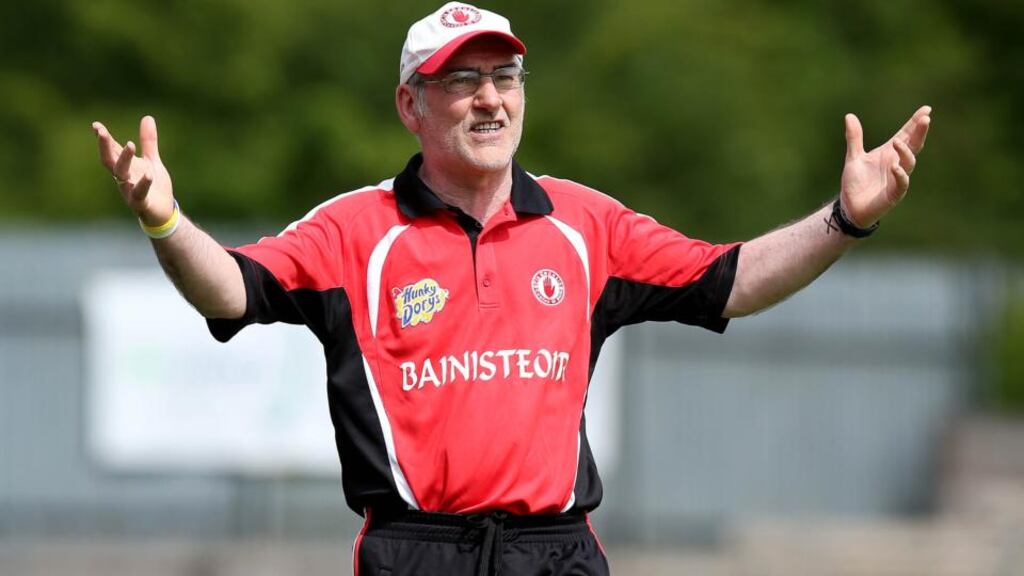 Tyrone manager Mickey Harte shows his frustration during the Ulster quarter-final defeat to Monaghan at Clones. Photo: Donall Farmer/Inpho