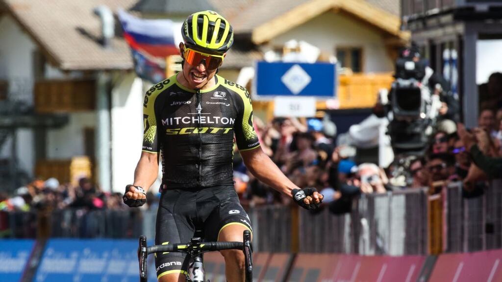 Colombia’s Esteban Chaves celebrates victory in Stage 19 of the Giro D’Italia. Photograph: Luk Benies/AFP/Getty