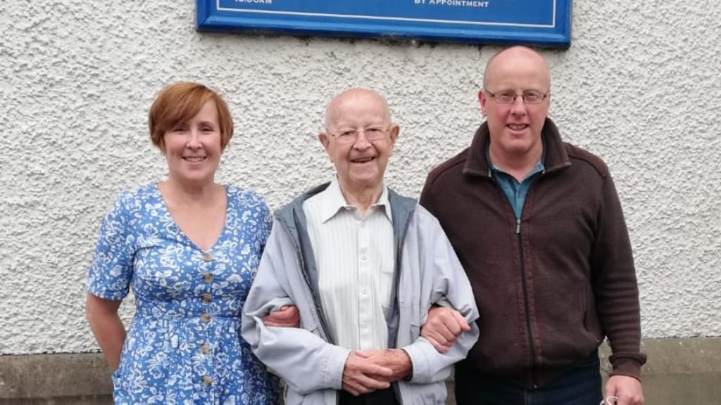 The late Fr Gus Hurley with his niece Rose Collins and nephew John Hurley on their final visit to Glasgow when he took them to see the church he helped build