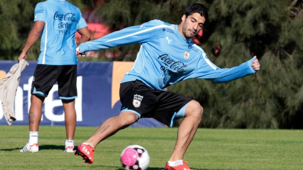 Uruguay’s Luis Suarez only thinking about Confederations Cup, for now. Photograph: Andres Stapff/Reuters