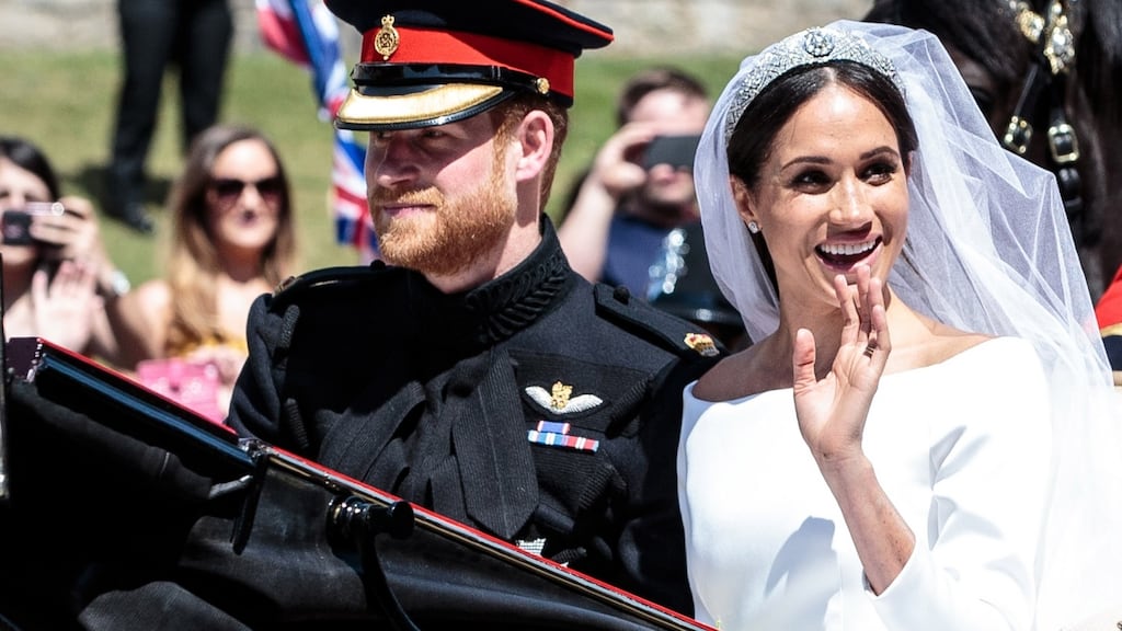 Prince Harry, Duke of Sussex and the Duchess of Sussex Meghan Markle ride in the Ascot Landau carriage after getting married at St George’s Chapel, Windsor Castle on May 19th, 2018. Photograph: Jack Taylor/Getty Images