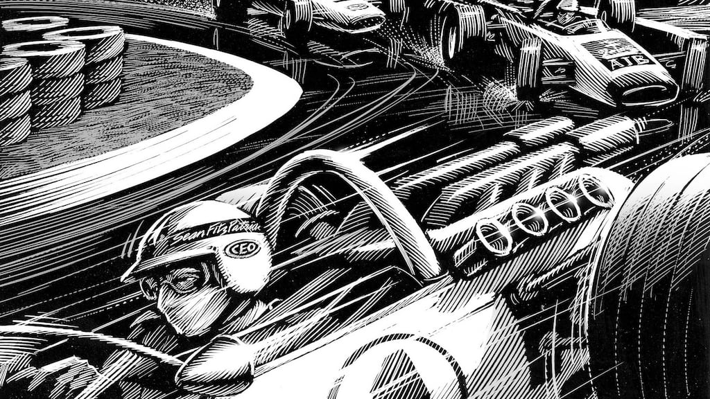 “Pole Position” by artist David Rooney has  Anglo Irish Bank’s Seán FitzPatrick as a Formula One racing driver. The drawing sold for  €3,000 o at Sheppard’s Irish Auction House in Durrow, Co Laois