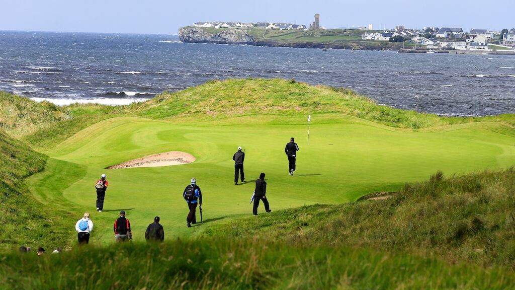 Rowan Lester (Hermitage) and Pat Murray (Clontarf) during the last 16 of the South of Ireland at Lahinch Golf Club, Co. Clare, Ireland. Photo: Fran Caffrey/Golffile
