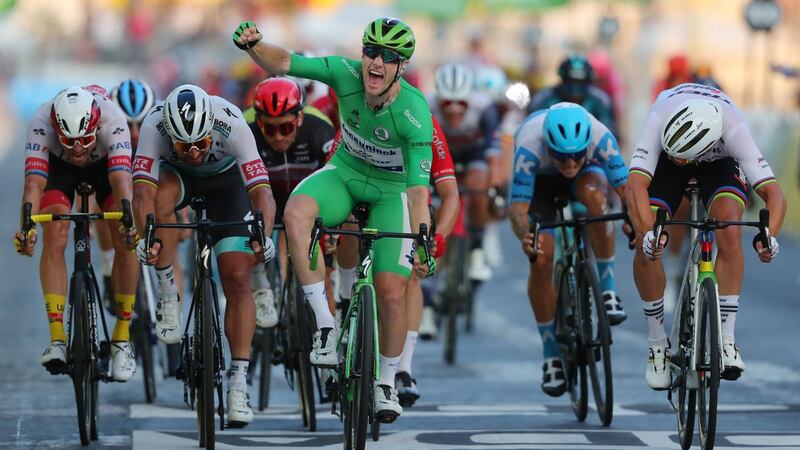 Ireland’s Sam Bennett clinches the Tour de France green jersey in Paris. Photograph: Thibault Camus/AFP via Getty Images