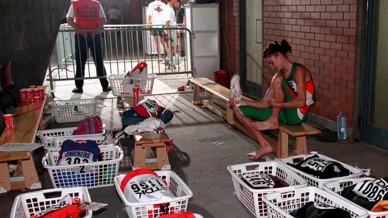 A disconsolate Sonia O’Sullivan after finishing fourth in the 5,000m at the World Championships in Stuttgart in 1993. Photograph: Billy Stickland/Inpho
