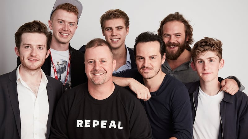 Writer-director John Butler, centre, with the cast of ‘Handsome Devil’ – Jamie Hallahan, Eoin Griffin, Jay Duffy, Andrew Scott, Moe Dunford and Finn O’Shea. Photograph: Maarten de Boer/Getty Images
