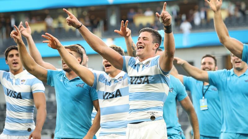 Bautista Delguy celebrates Argentina’s win over New Zealand. Photograph: Mark Kolbe/Getty