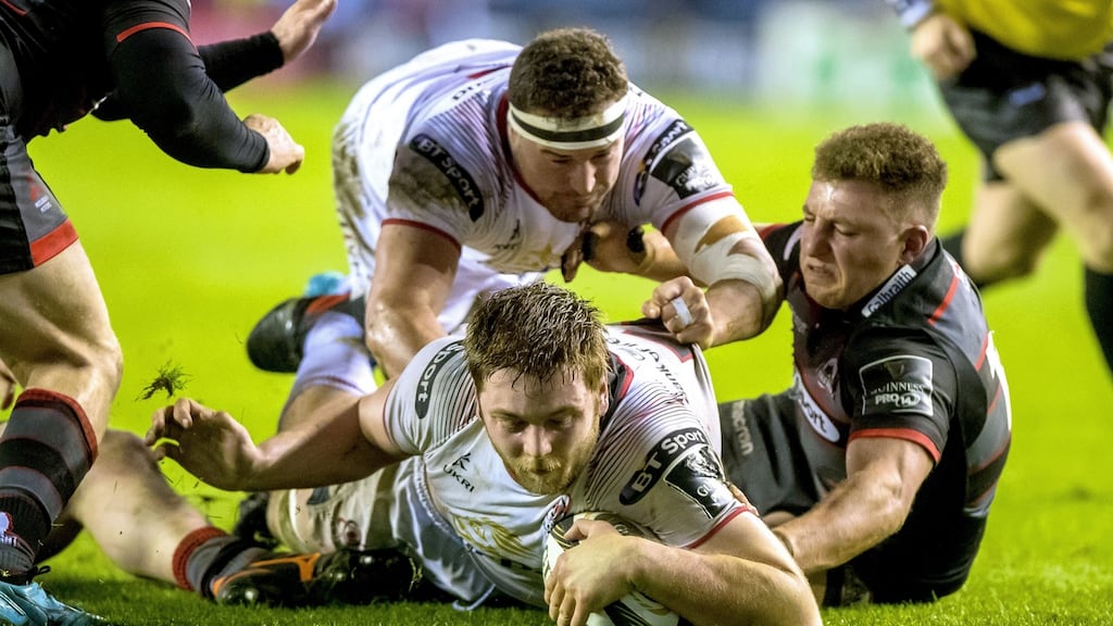 Ulster’s Iain Henderson scores a winning try in their Pro14 clash with Edinburgh. Photo: Craig Watson /Inpho