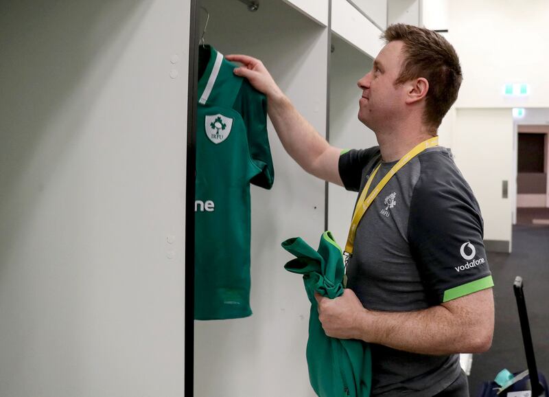 Baggage man John Moran hangs up jerseys in the dressing room before a match against Australia in Melbourne in 2018. Photograph: Dan Sheridan/Inpho