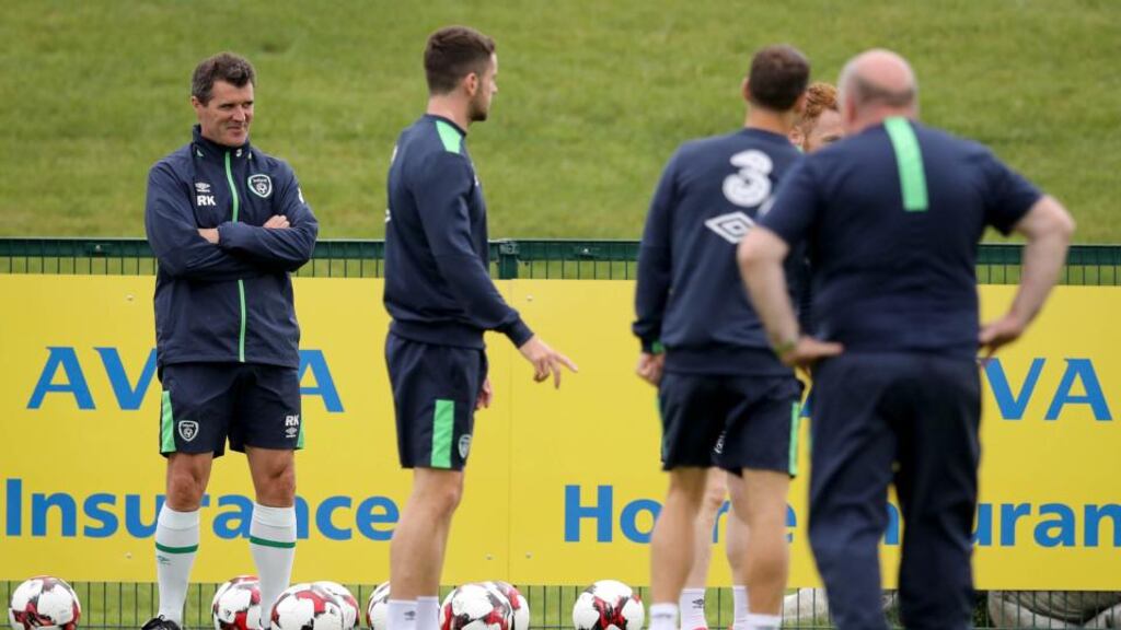 Roy Keane at Republic of Ireland squad training in Abbotstown: believes players such as Jeff Hendrick and Harry Arter are heading into big seasons in the Premier League. Photograph: Ryan Byrne/Inpho