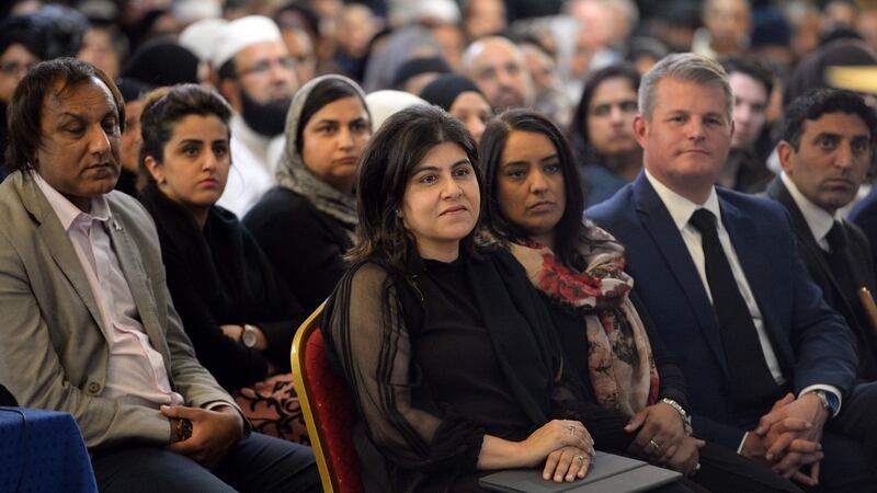 A file photo taken on June 17th, 2016 shows Baroness Sayeeda Warsi (centre) joining people at a vigil in the Indian Muslim Welfare Society’s Al-Hikmah Centre in Batley, northern England in remembrance of Labour MP Jo Cox. Photograph: Getty