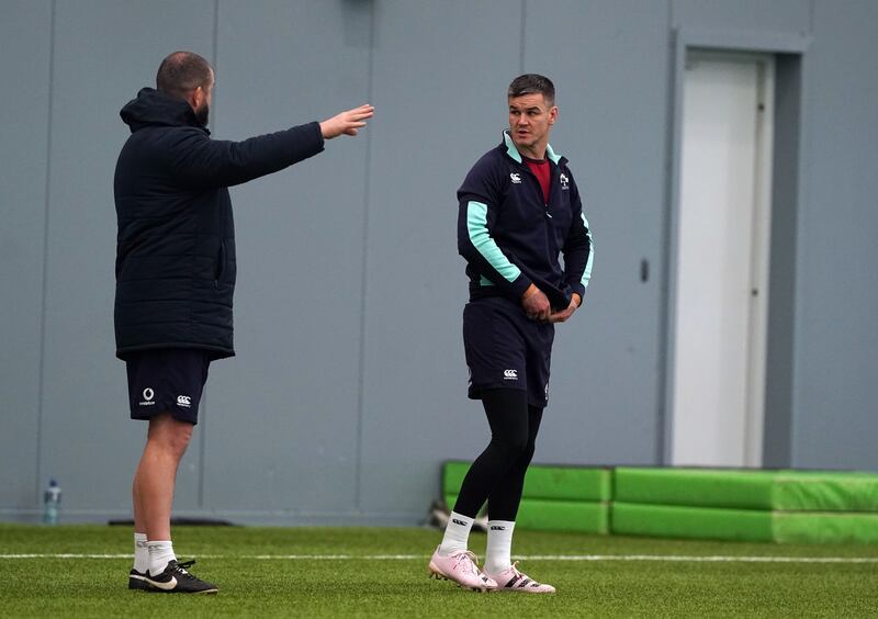 Ireland head coach Andy Farrell with Johnny Sexton at the IRFU High Performance Centre in Dublin on Wednesday. Photograph: Brian Lawless/PA