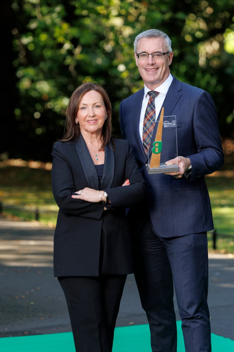 Brid O’Connell, chief executive of Guaranteed Irish, and Patrick Farrell, chief retail banking officer of awards sponsor PTSB