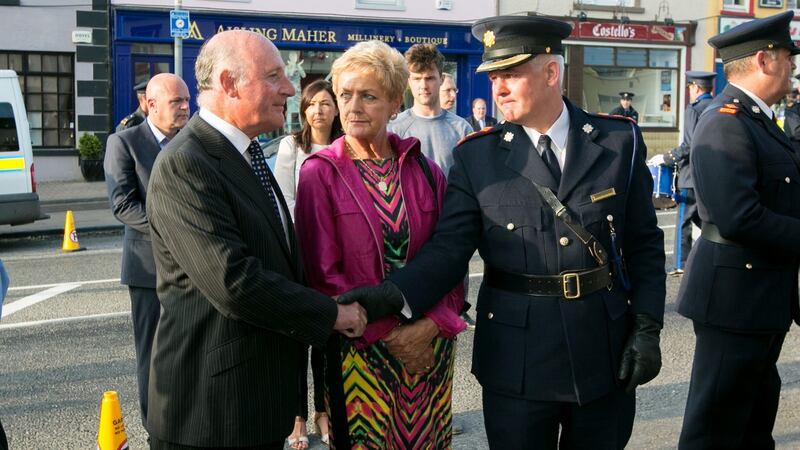 Limerick Chief Supt Dave Sheahan pictured with Det Garda Ben O’Sullivan and Anne McCabe outside the Garda Station in Adare, Co Limerick at the 20th anniversary of the death of Det Garda Jerry McCabe. Photograph: Brian Gavin/Press 22