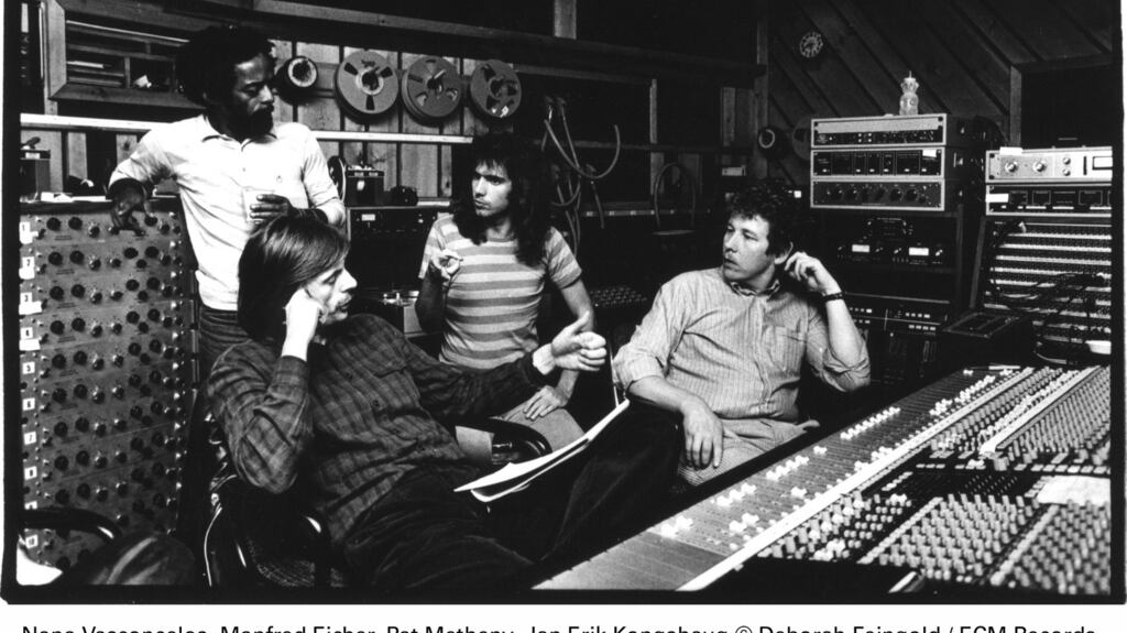 Younger days: From left are Brazilian percussionist Naná Vasconcelos, Manfred Eicher (ECM Records, at front), jazz guitarist Pat Metheny and engineer Jan Erik Kongshaug. File photograph: Deborah Feingold/ECM
