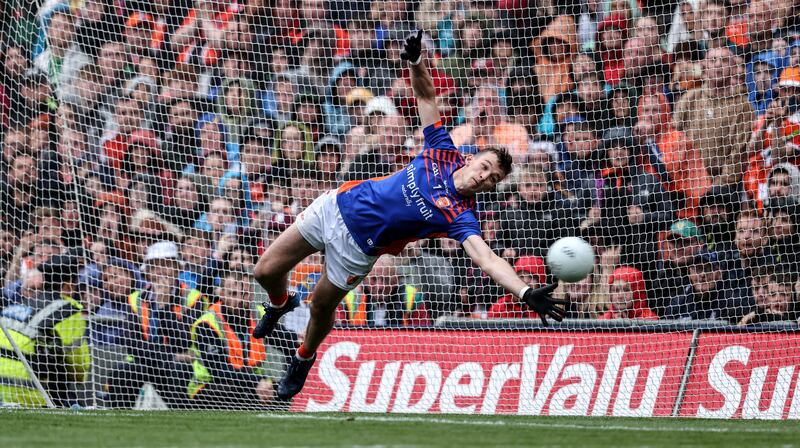 Armagh's Ethan Rafferty is unable to save a Galway penalty during the All-Ireland quarter-final at Croke Park. Photograph: Dan Sheridan/Inpho
