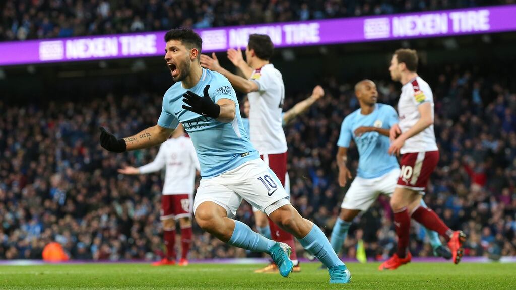 Sergio Aguero celebrates scoring his first goal against Burnley at the Etihad Stadium. Photograph: Alex Livesey/Getty Images