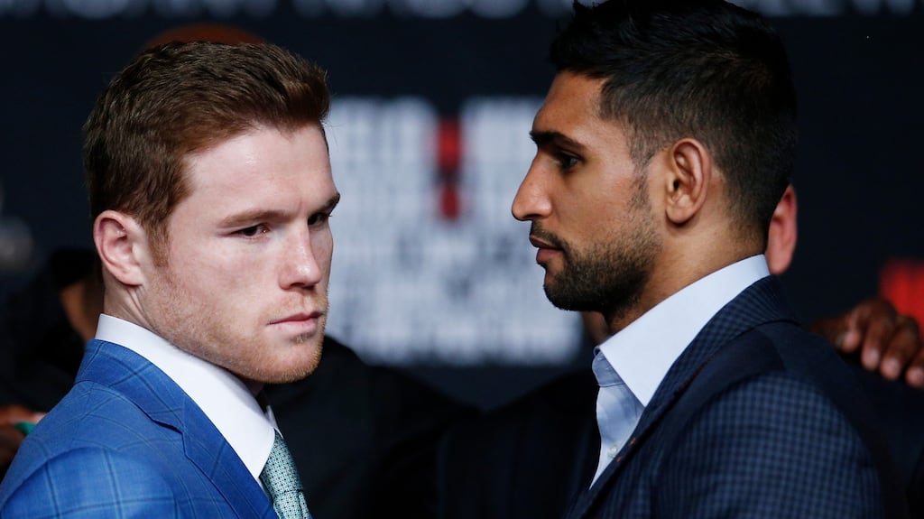 Saúl Álvarez and Amir Khan ahead of their fight at the MGM Grand on Saturday. Photograph: Reuters