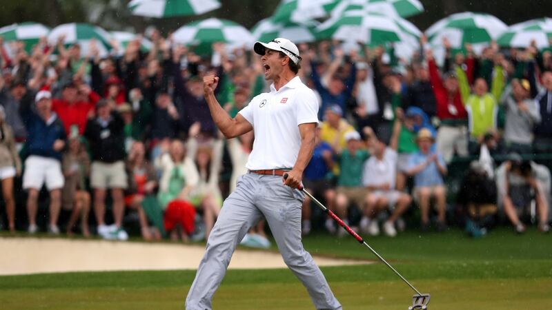 Adam Scott celebrates after making a birdie  on the 18th hole during the final round of the 2013 Masters Tournament in Augusta, Georgia. Photograph: Andrew Redington/Getty Images