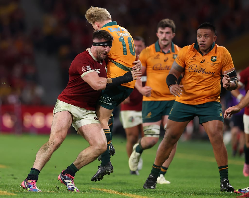 Tom Curry of the British and Irish Lions gave away a penalty for this tackle on Australia's Tom Lynagh in last Saturday's first Test in Brisbane. Photograph: David Rogers/Getty Images