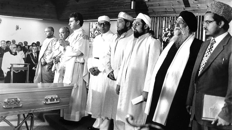 Fr Liam O’Driscoll and a number of Indian religious leaders take part in an interdenominational memorial service at Cork Regional Hospital for those who died in the Air India plane crash in 1985. Photograph: Jack McManus