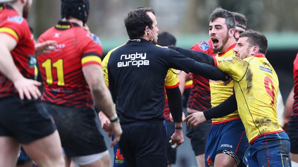 Spanish players including Guillaume G Rouet confront the referee after defeat in their Rugby World Cup 2019 Europe Qualifier match against Belgium. Photograph: Dean Mouhtaropoulos/Getty Images