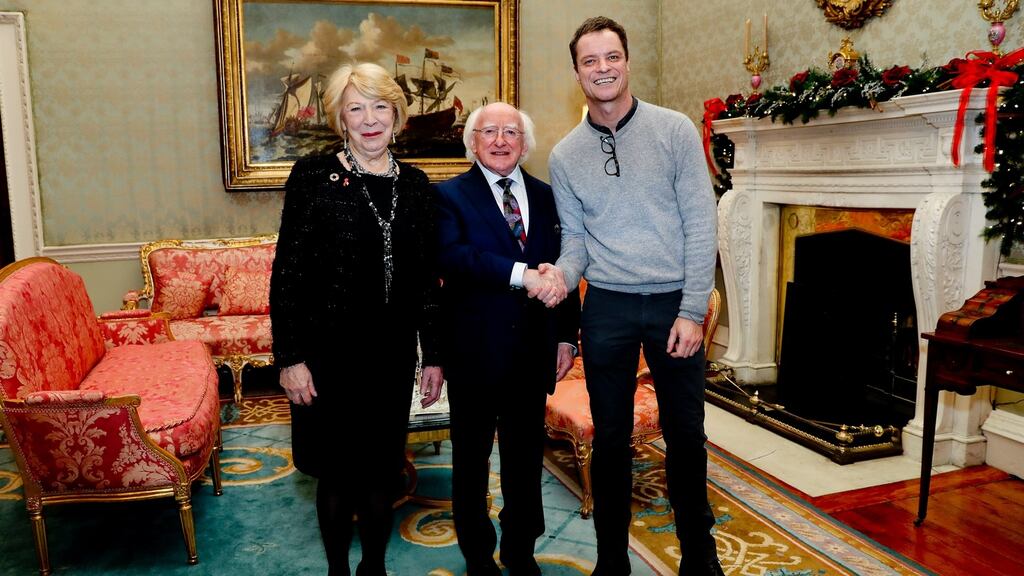 President Michael D Higgins and his wife Sabina meeting  Rory O Neill aka Panti Bliss at a reception hosted by the President and his wife for World Aids Day in A Áras an Uachtaráin. Photograph:  Maxwells