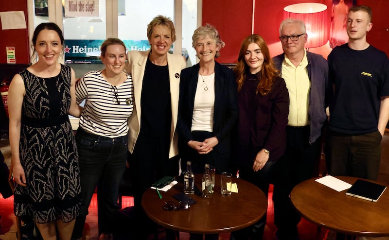 (From left) Cllr Fiona Connelly, Cllr Carolyn Moore, Labour Party leader Ivana Bacik, Catherine Connolly, Cllr Kourtney Kenny, Kieran Allen and Cllr Cian Farrell at a public meeting for Ms Connolly at McGowan's pub in Harold's Cross, Dublin. Photograph: Ronan McGreevy