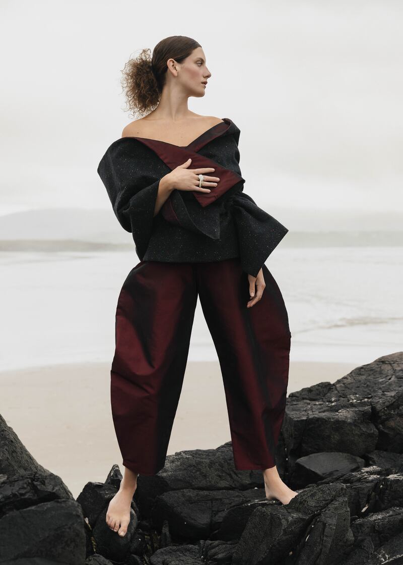 Top and trousers by Hollie Marie Gallagher of Dare To Howl Designs, rings by Emer Roberts. Photograph: Chloe Aillud