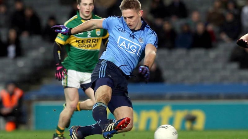 Dublin forward Eoghan O’Gara scores his side’s second goal during the Allianz Football League Division One game against Kerry at Croke Park. Photograph: Donall Farmer/Inpho
