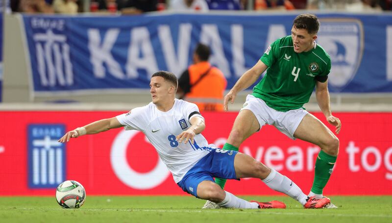 Ireland’s Dara O’Shea with Christos Tzolis of Greece. Photograph: Nikola Krstic/Inpho