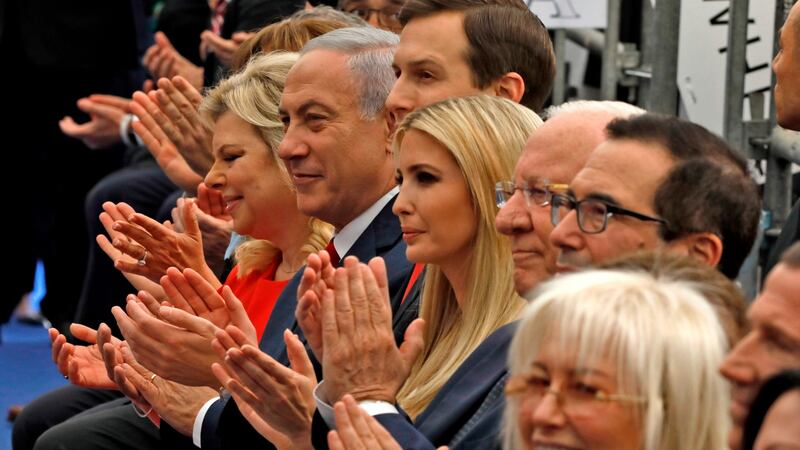 Israel’s prime minister Binyamin Netanyahu (second left), alongside White House adviser Jared Kushner and US president’s Donald Trump’s daughter Ivanka Trump at the US embassy opening in Jerusalem. Photograph: Menahem Kahana/AFP/Getty Images