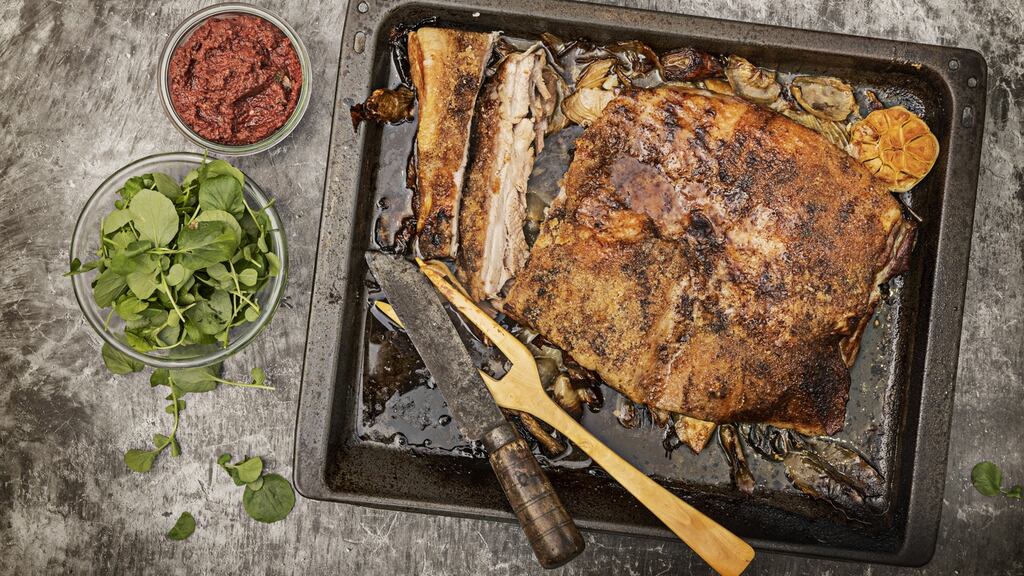 Softly spiced pork belly with beetroot borani. Photograph: Harry Weir