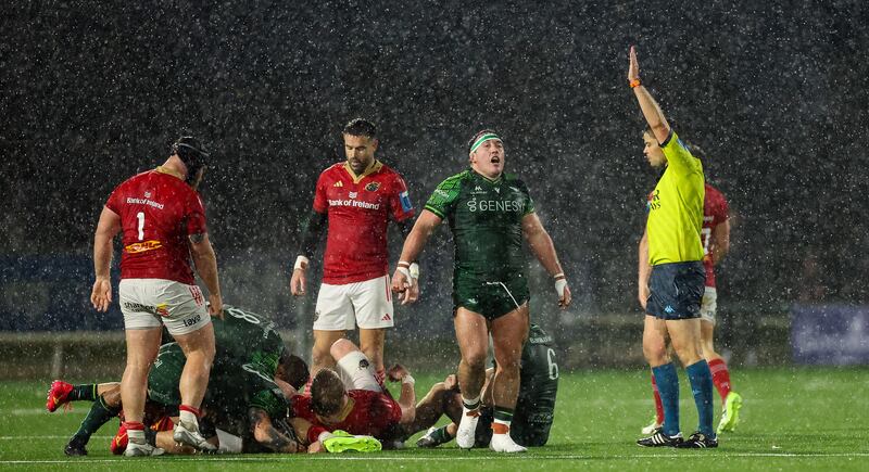 Connacht's Denis Buckley celebrates as referee Chris Busby awards his side a penalty in the URC fixture against Munster. Photograph: James Crombie/Inpho