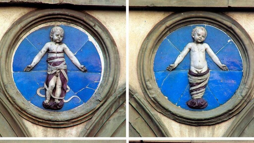 Glazed terra-cotta reliefs by Andrea della Robbia of swaddled babies at the Ospedale degli Innocenti in Florence
