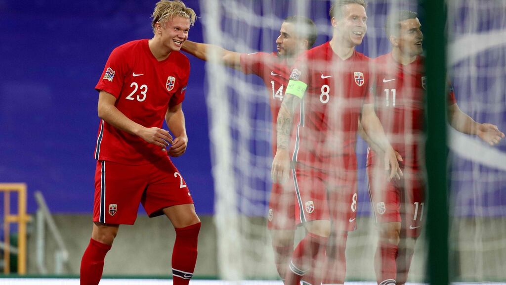 Norway forward Erling Braut Haaland celebrates scoring their second goal during the Uefa Nations League match against Northern Ireland at Windsor Park. Photograph: Paul Faith/AFP via Getty Images