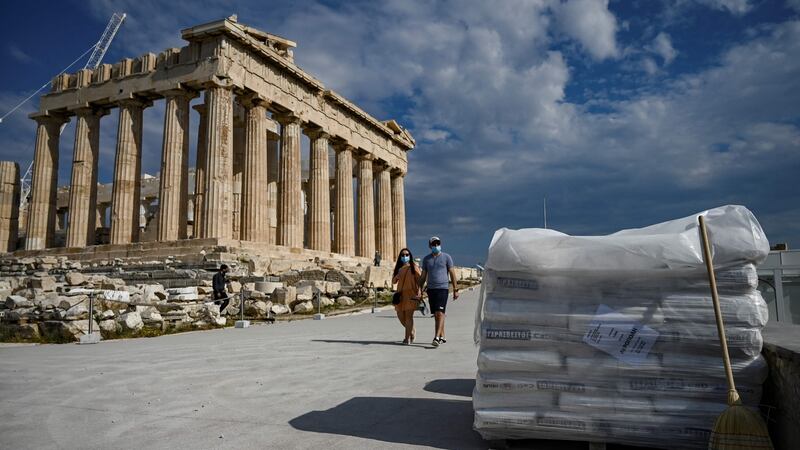 A pile of concrete sacks near the Parthenon. Photograph:  Aris  Messinis/AFP via Getty Images