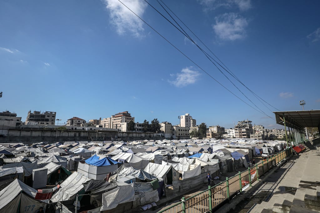 Tents of internally displaced Palestinians, who fled from northern Gaza Strip and east of Gaza City, set up in Al Yarmouk stadium in central Gaza City, the Gaza Strip. Photograph: Mohammed Saber/EPA