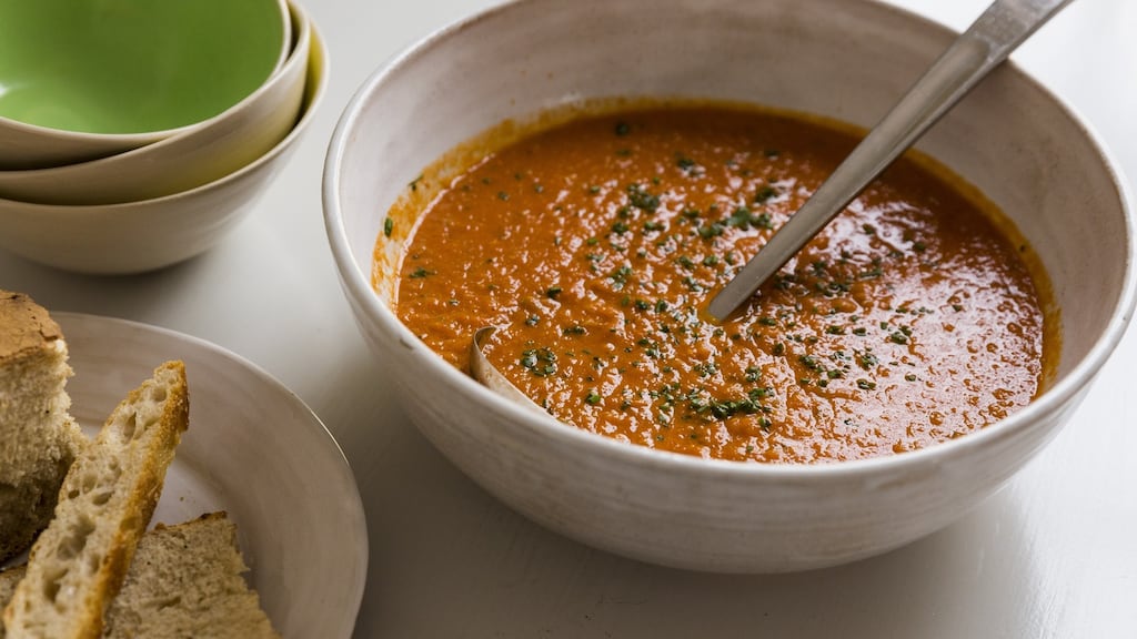 Sweet red pepper soup. Photograph: Emma Jervis Photography
