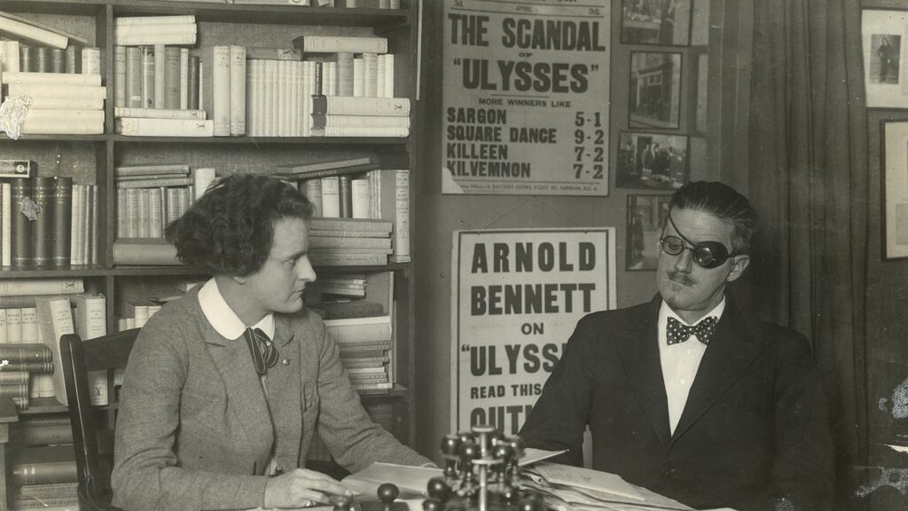 Sylvia Beach and James Joyce in her shop, Shakespeare and Company, in Paris, 1922. Photograph: Harry Ransom Center.