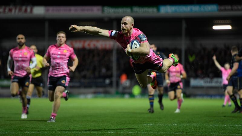 Olly Woodburn dives to score Exeter’s second half try against Leinster. Photograph: Stu Forster/Getty
