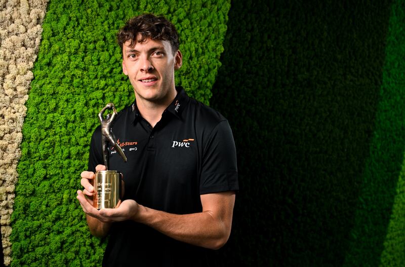Kerry's David Clifford with his PwC GAA/GPA Player of the Month football award for July. Photograph: Ramsey Cardy/Sportsfile